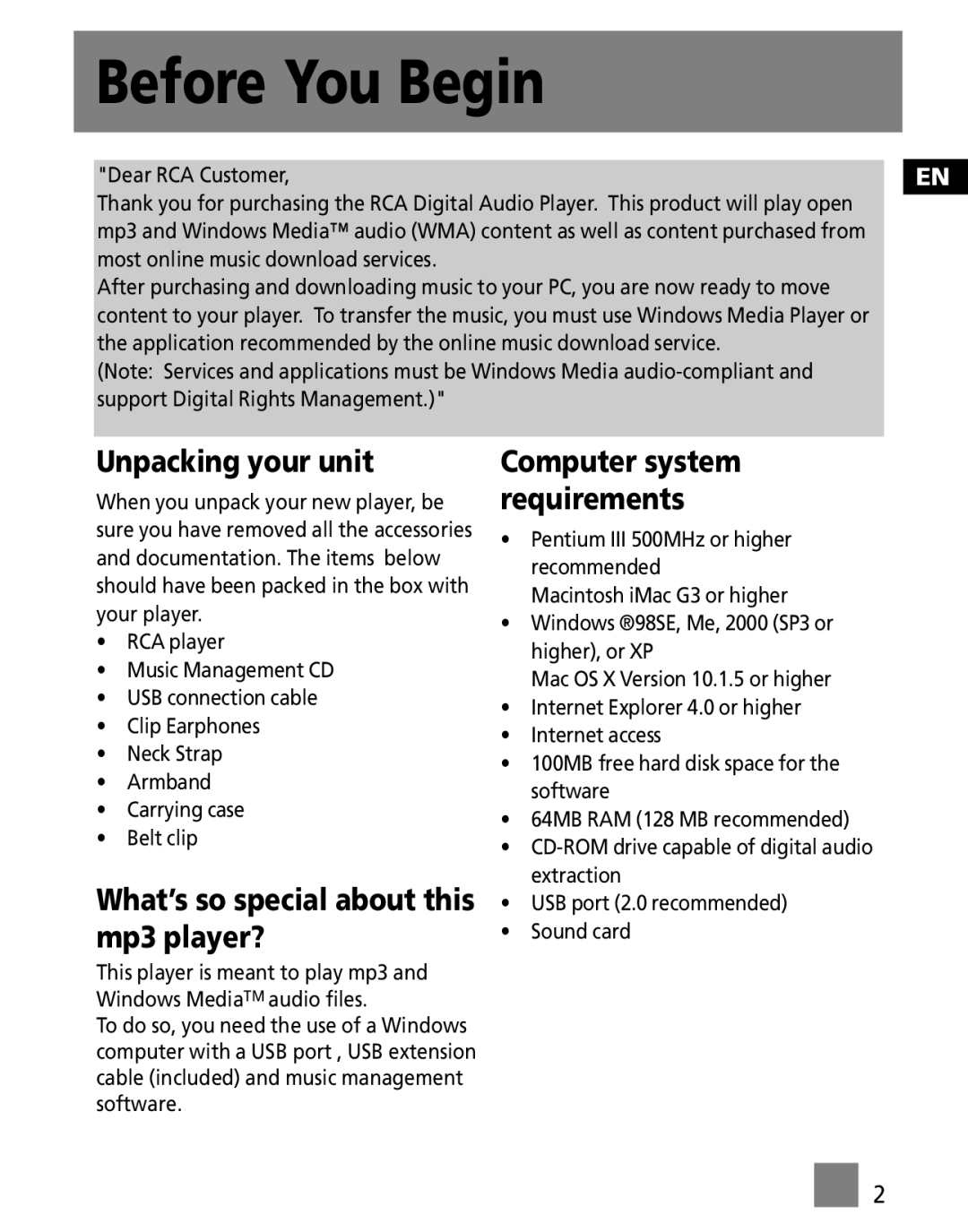 RCA SC1001 Before You Begin, Unpacking your unit, What’s so special about this mp3 player?, Computer system requirements 