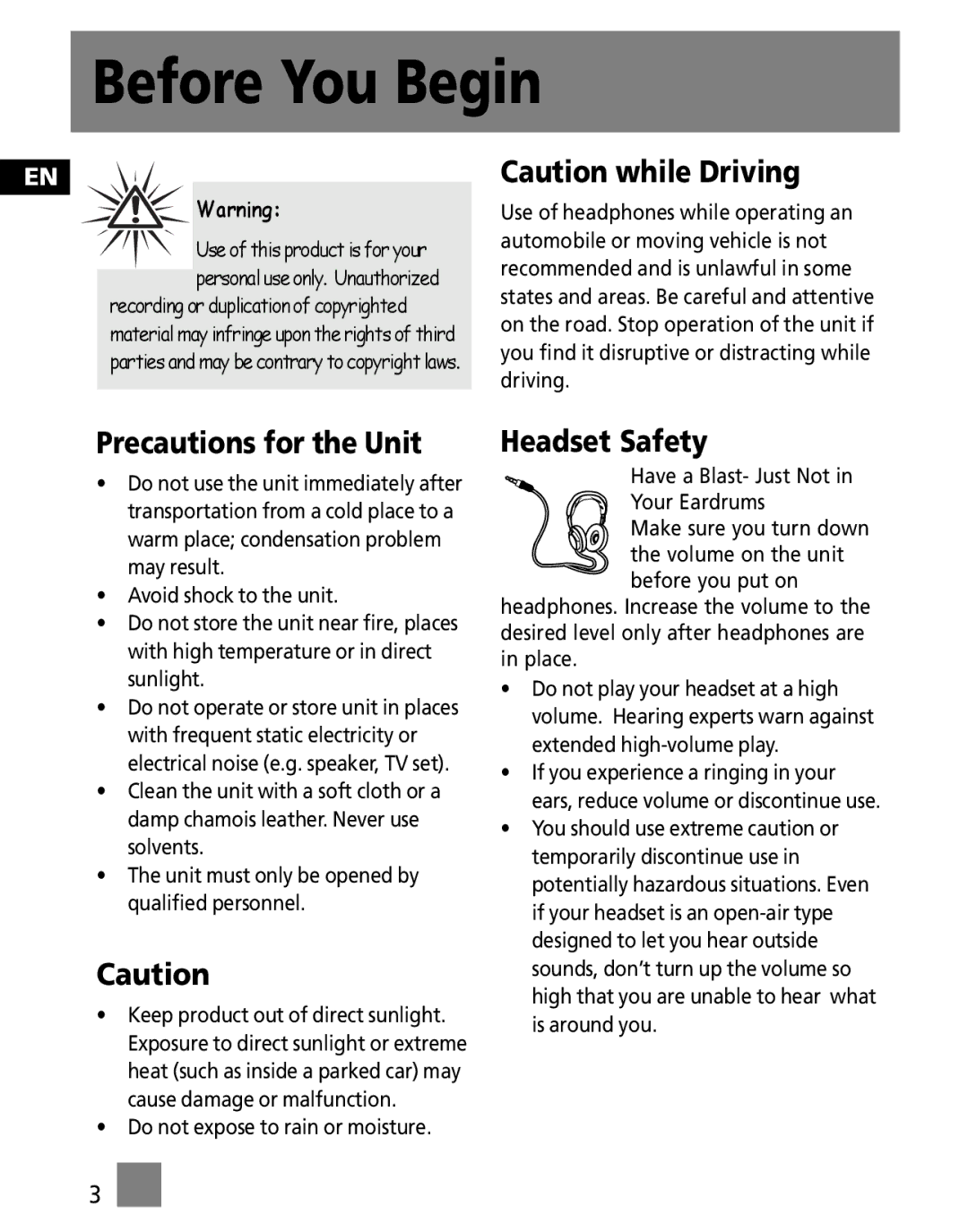 RCA S1031, SC1002, SC1000, S1001, S1000, SC1001, S1010 user manual Precautions for the Unit, Headset Safety 