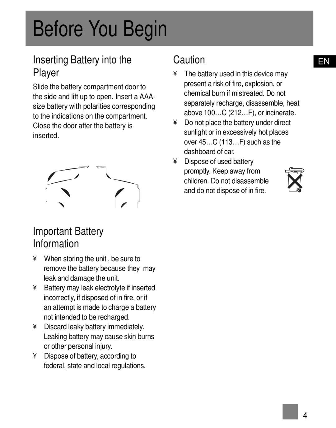 RCA S1010, SC1002, SC1000, S1001, S1000, SC1001, S1031 Inserting Battery into the Player, Important Battery Information 