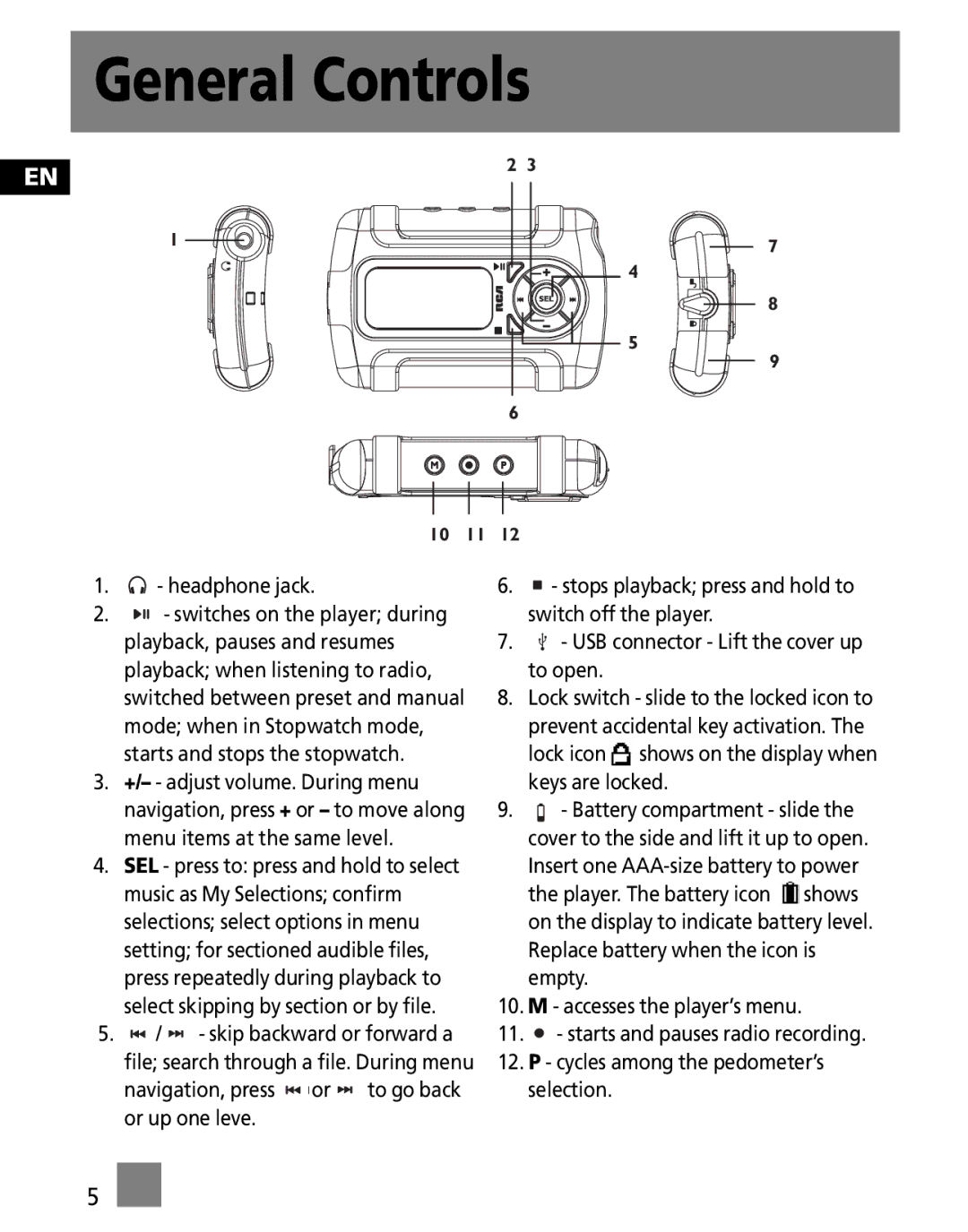 RCA SC1002, SC1000, S1001, S1000, SC1001, S1031, S1010 user manual General Controls, Headphone jack 