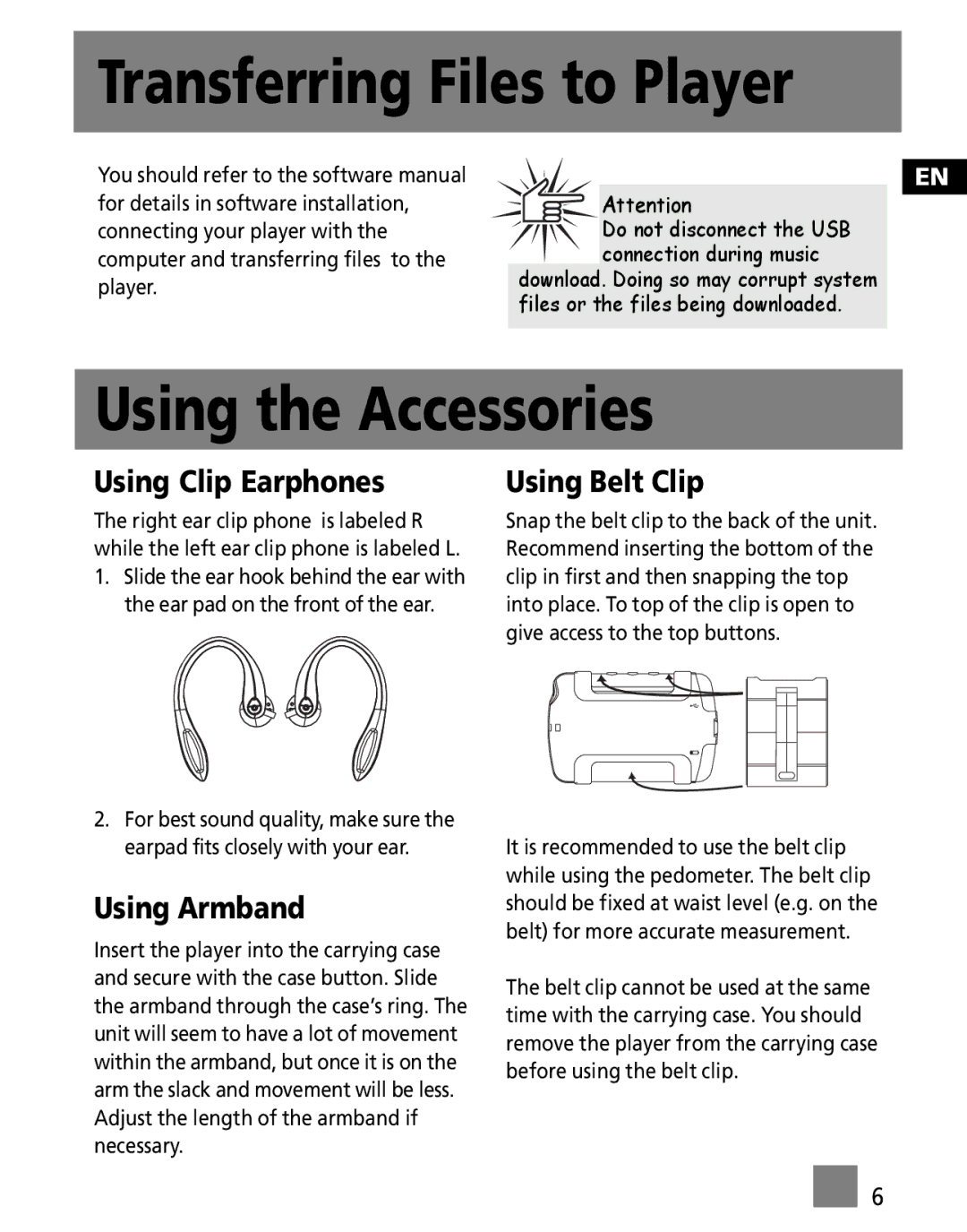 RCA SC1000 Transferring Files to Player, Using the Accessories, Using Clip Earphones, Using Armband, Using Belt Clip 