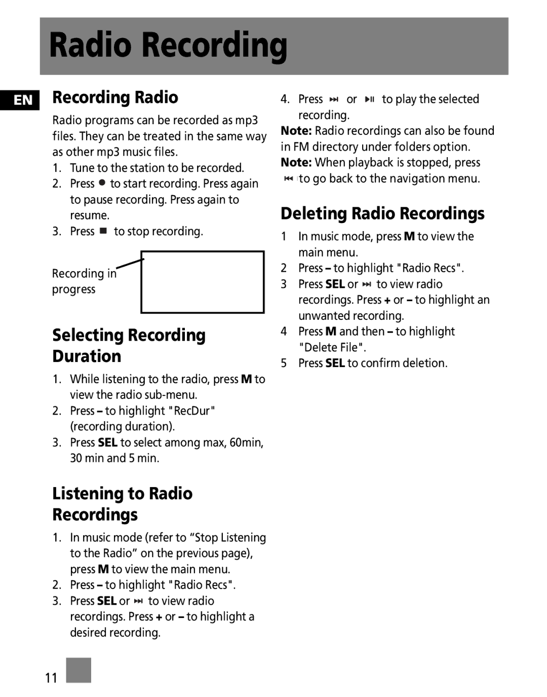 RCA S1010 EN Recording Radio, Selecting Recording Duration, Deleting Radio Recordings, Listening to Radio Recordings 