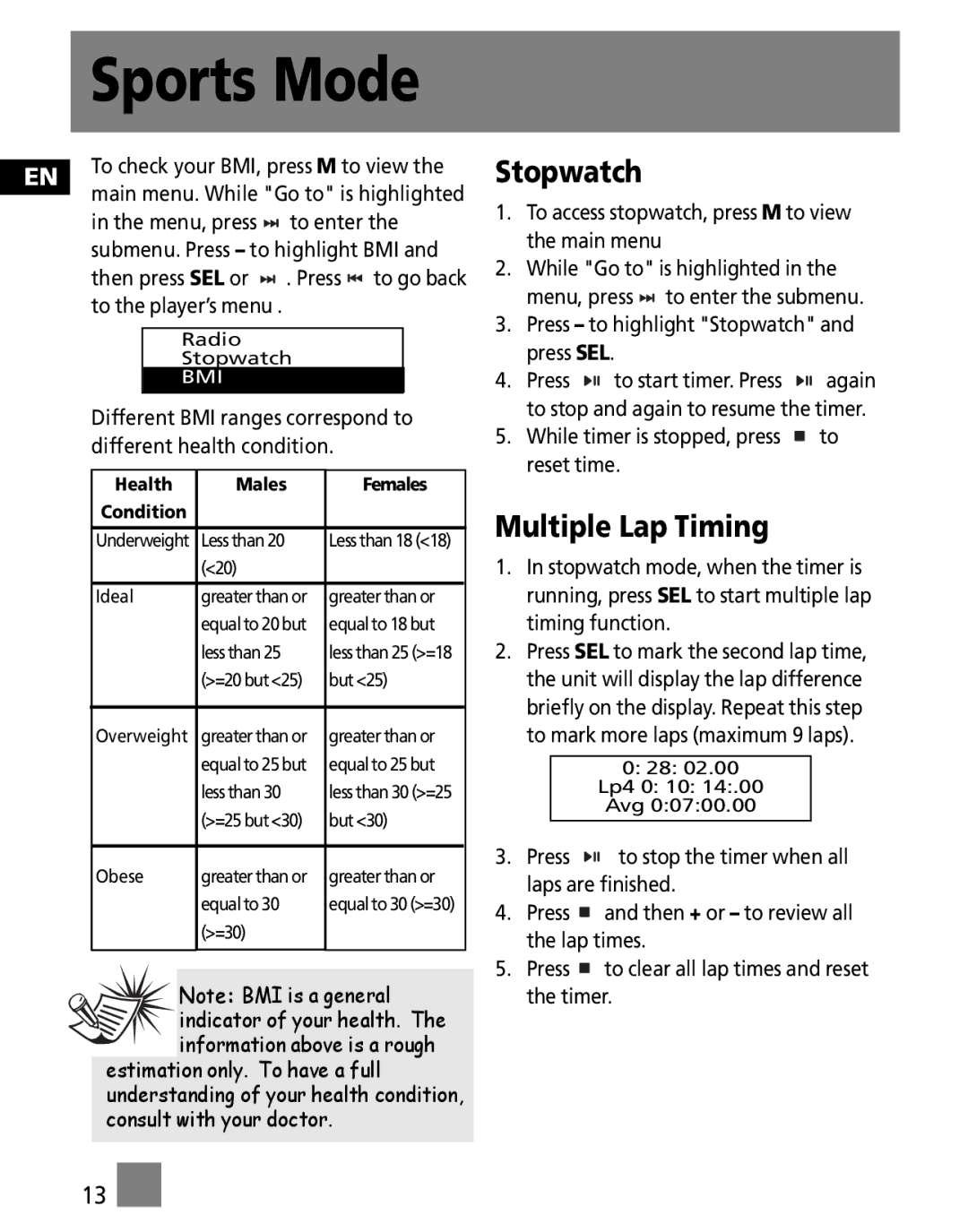 RCA SC1000, SC1002, S1001, S1000, SC1001, S1031, S1010 user manual Stopwatch, Multiple Lap Timing 