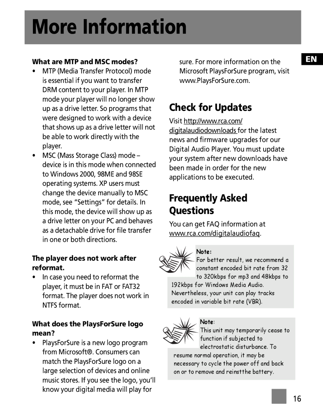 RCA SC1001, SC1002, SC1000, S1001, S1000, S1031 Check for Updates Frequently Asked Questions, What are MTP and MSC modes? 