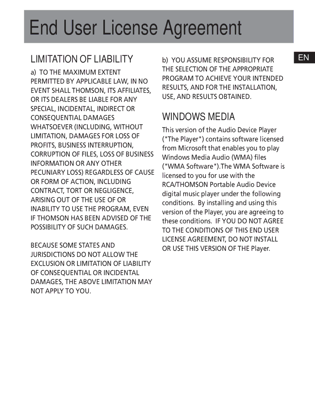 RCA S1010, SC1002, SC1000, S1001, S1000, SC1001, S1031 user manual Limitation of Liability 