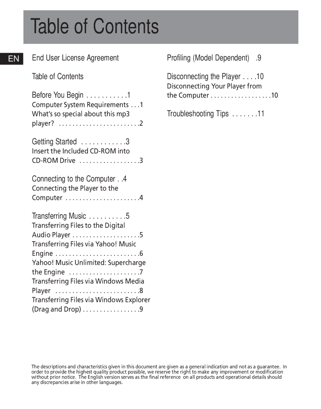 RCA S1001, SC1002, SC1000, S1000, SC1001, S1031, S1010 user manual Table of Contents 