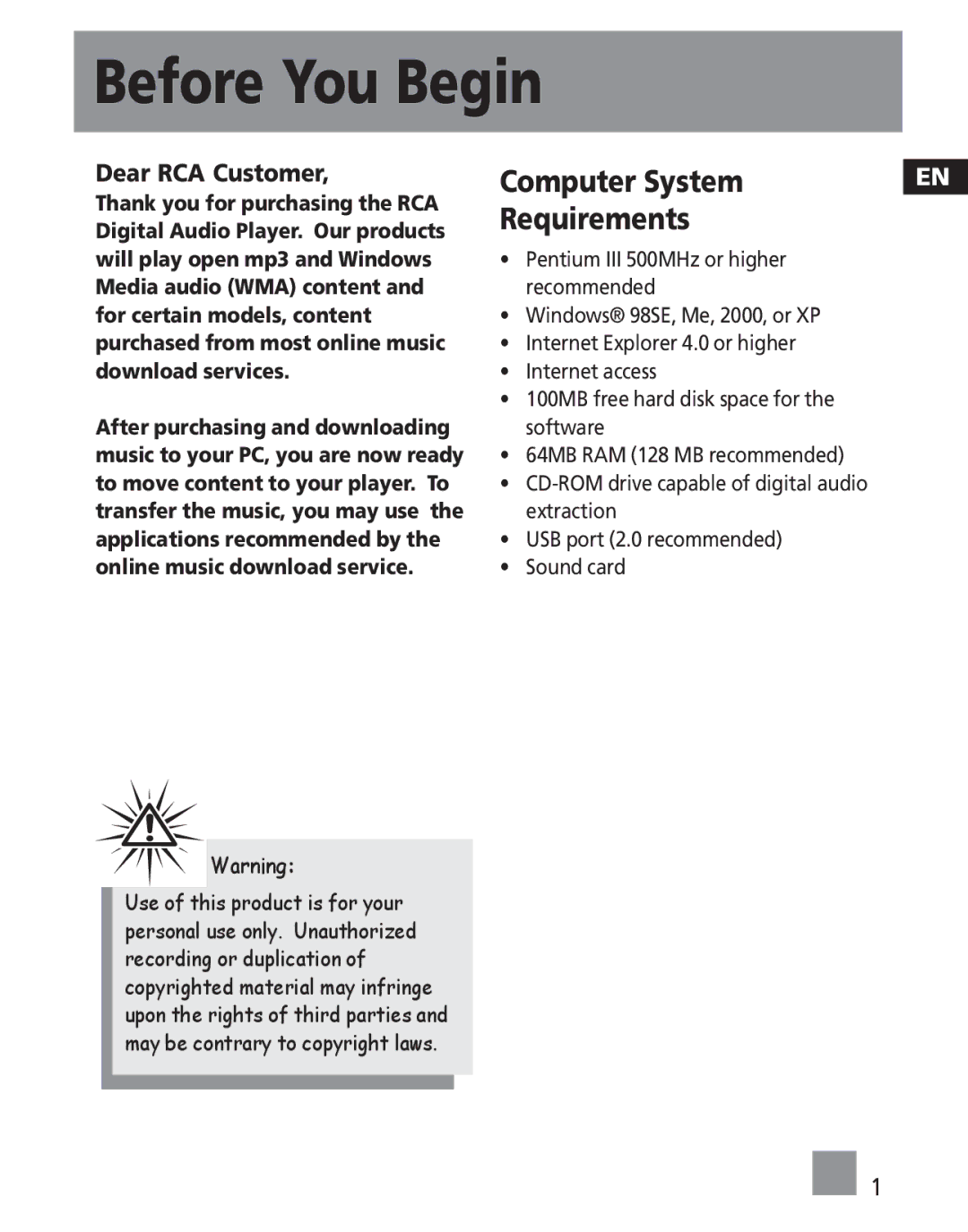 RCA S1000, SC1002, SC1000, S1001, SC1001, S1031, S1010 user manual Before You Begin, Computer System, Requirements 