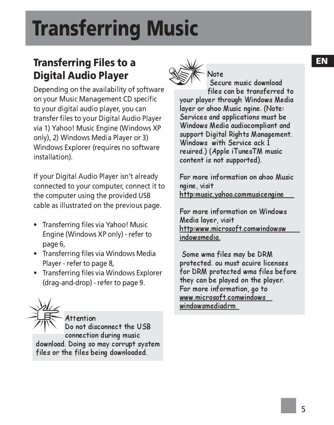 RCA SC1002, SC1000, S1001, S1000, SC1001, S1031, S1010 Transferring Music, Transferring Files to a Digital Audio Player 