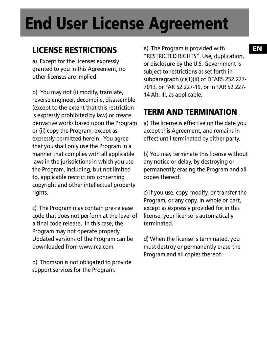 RCA S1031, SC1002, SC1000, S1001, S1000, SC1001, S1010 user manual License Restrictions 