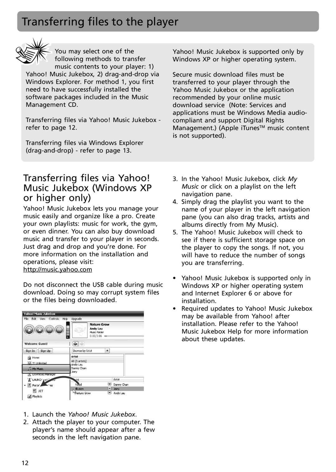 RCA SC2002, SC2001, S2002, S2001 user manual Transferring files to the player, Launch the Yahoo! Music Jukebox 