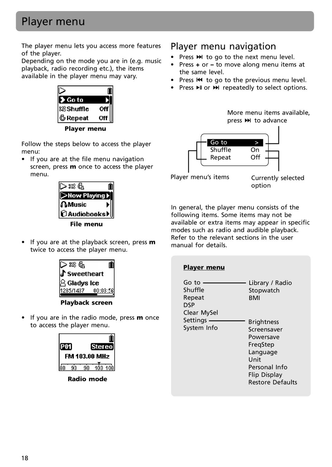 RCA S2002, SC2002, SC2001, S2001 user manual Player menu navigation 