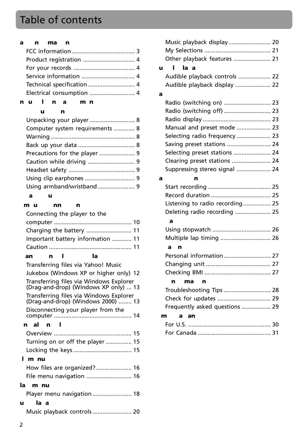 RCA S2002, SC2002, SC2001, S2001 user manual Table of contents 