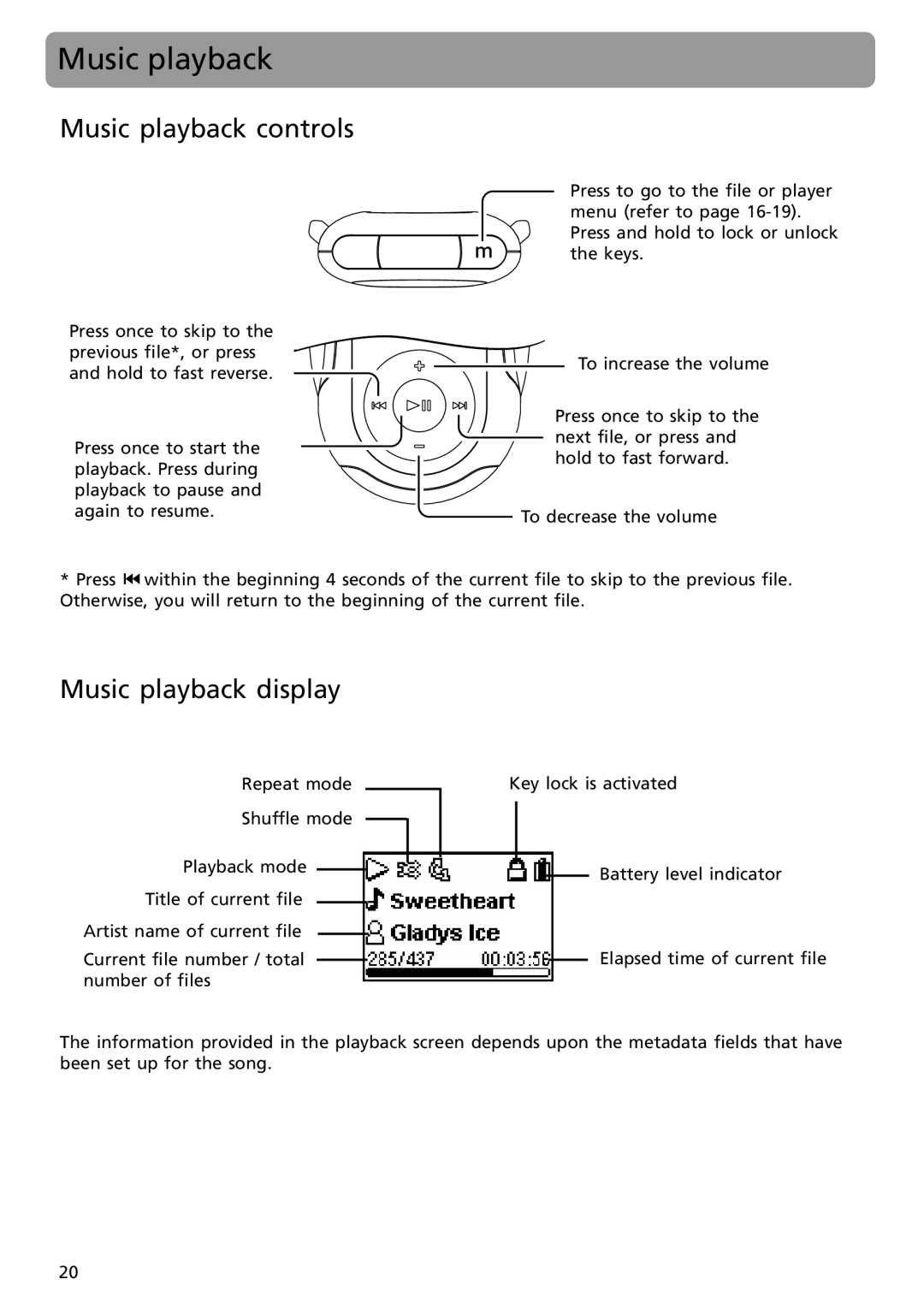 RCA SC2002, SC2001, S2002, S2001 user manual Music playback controls, Music playback display 