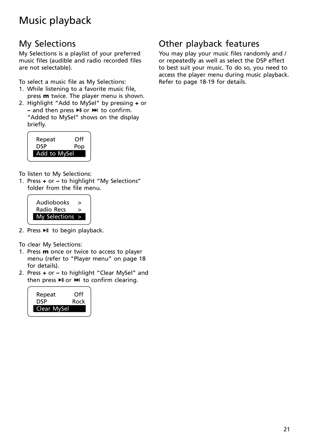 RCA SC2001, SC2002, S2002, S2001 user manual My Selections, Other playback features 