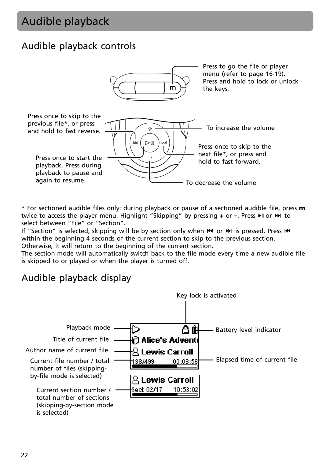 RCA S2002, SC2002, SC2001, S2001 user manual Audible playback controls, Audible playback display 