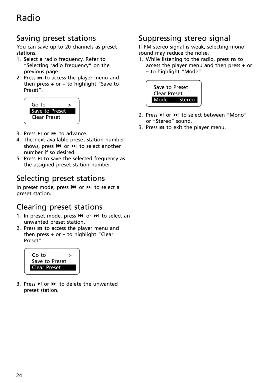 RCA SC2002, SC2001 Saving preset stations, Selecting preset stations, Clearing preset stations, Suppressing stereo signal 