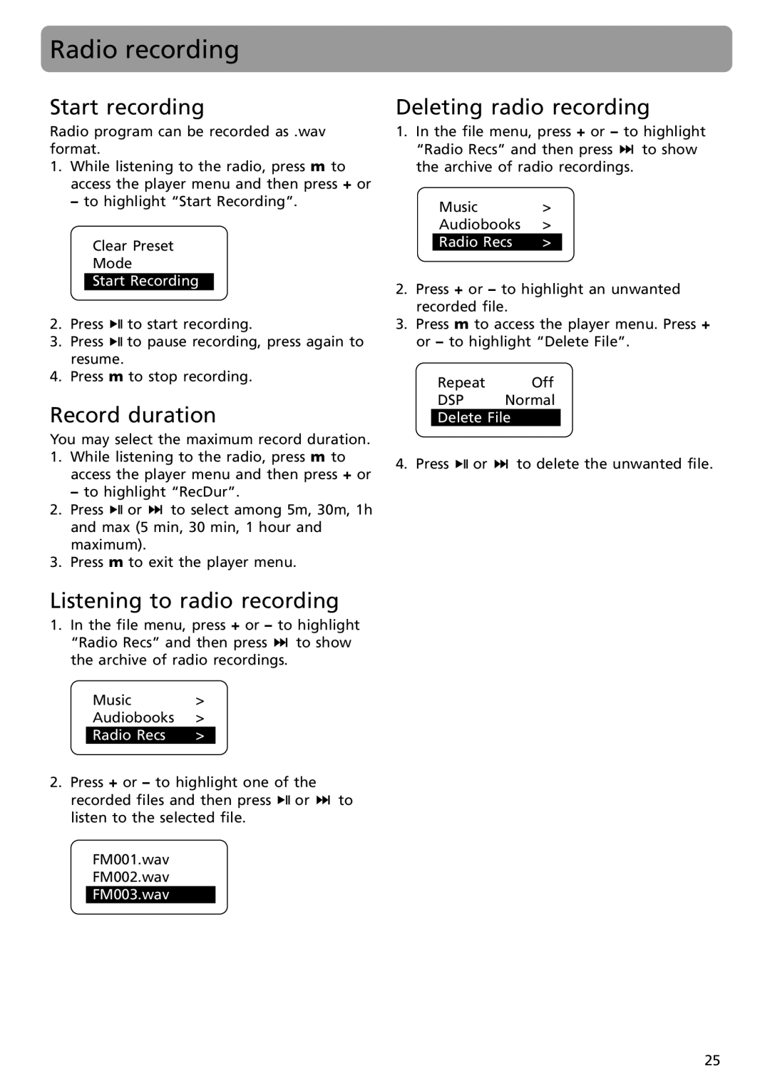 RCA SC2001 Radio recording, Start recording, Record duration, Listening to radio recording, Deleting radio recording 