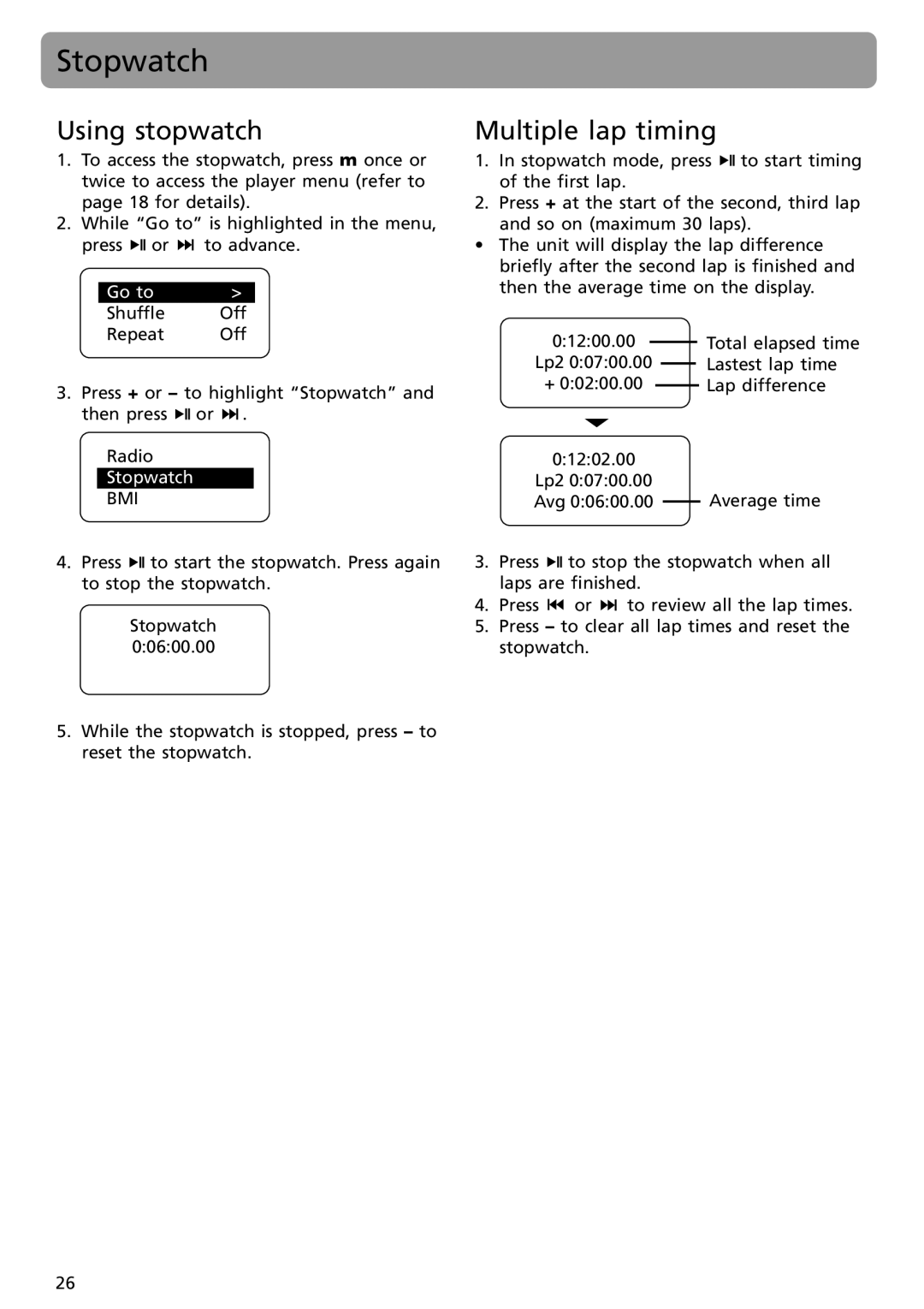 RCA S2002, SC2002, SC2001, S2001 user manual Stopwatch, Using stopwatch, Multiple lap timing 