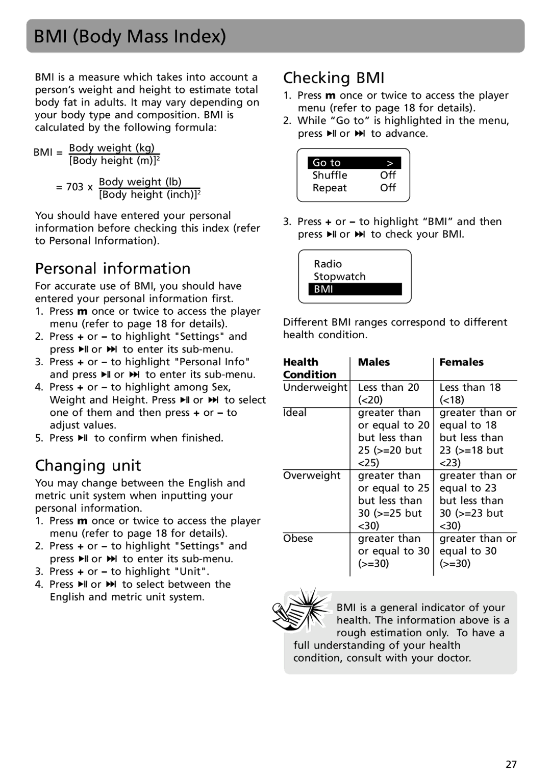 RCA S2001, SC2002, SC2001, S2002 user manual BMI Body Mass Index, Personal information, Changing unit, Checking BMI 