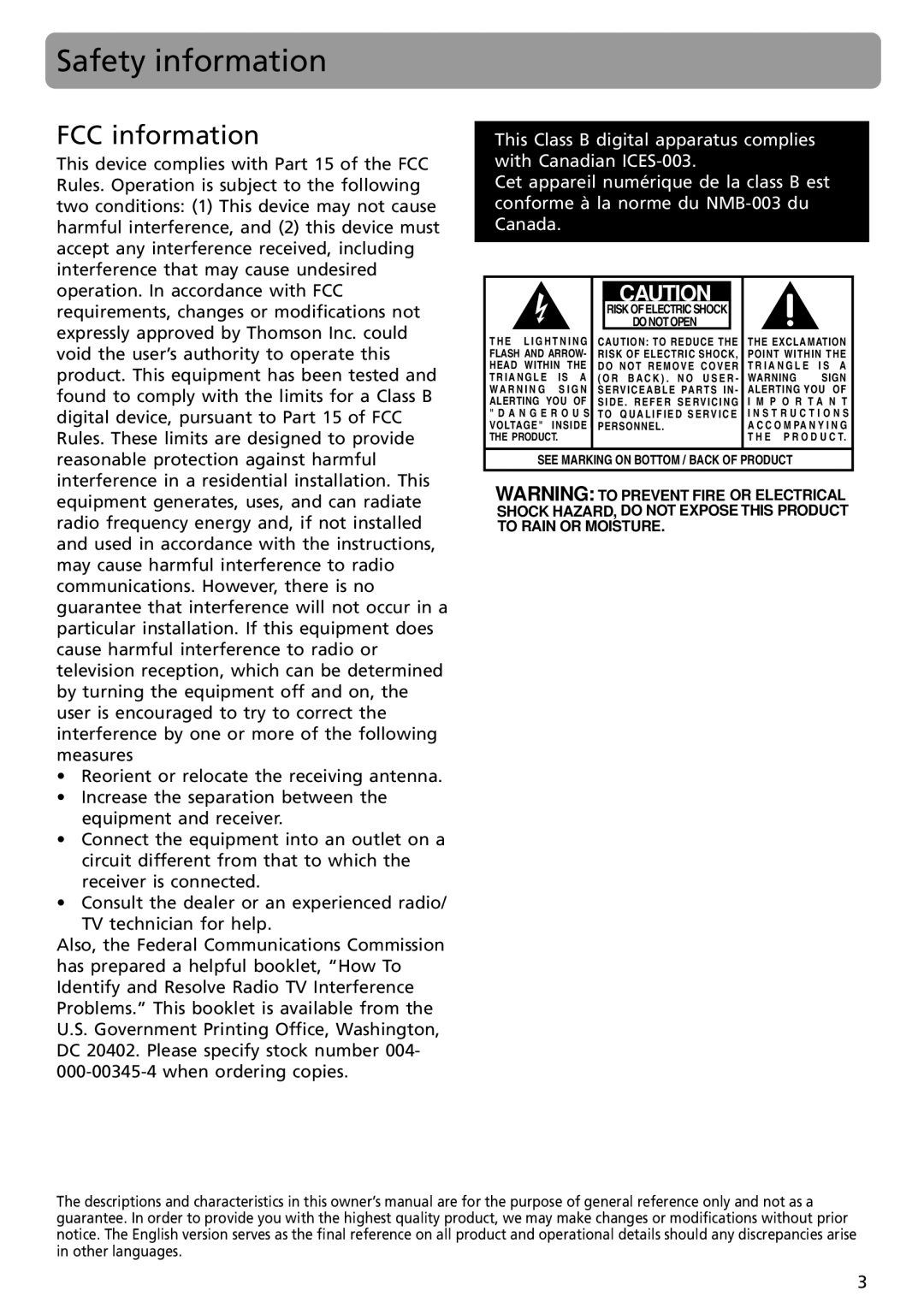 RCA S2001, SC2002, SC2001, S2002 user manual Safety information, FCC information 