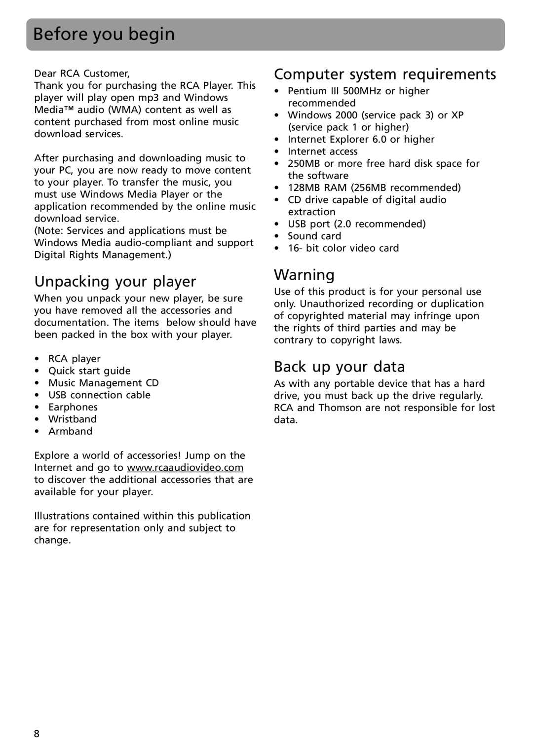 RCA SC2002, SC2001, S2002, S2001 Before you begin, Unpacking your player, Computer system requirements, Back up your data 