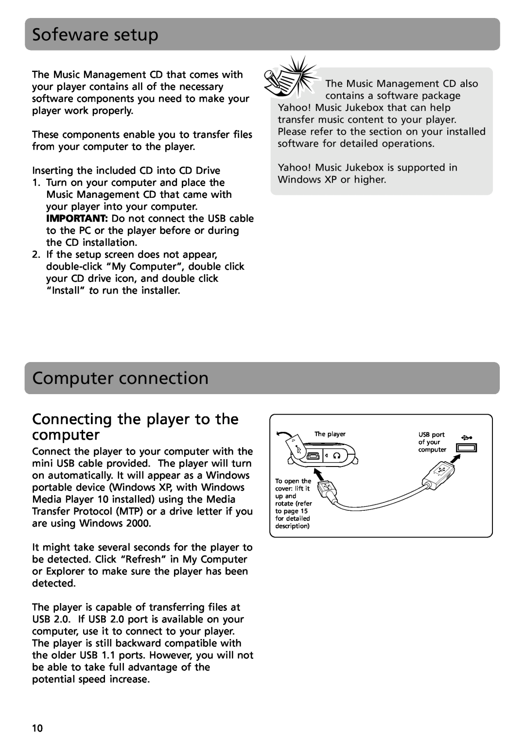 RCA S2002, SC2002, SC2001, S2001 user manual Sofeware setup, Computer connection, Connecting the player to the computer 