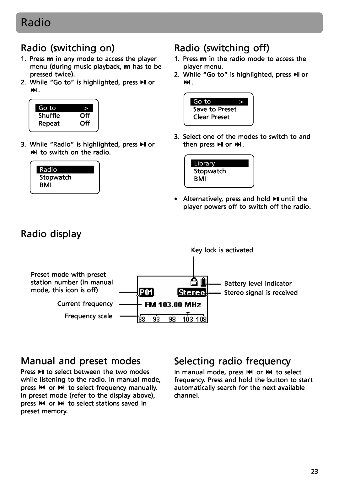 RCA S2001 Radio switching on, Radio switching off, Radio display, Manual and preset modes, Selecting radio frequency 