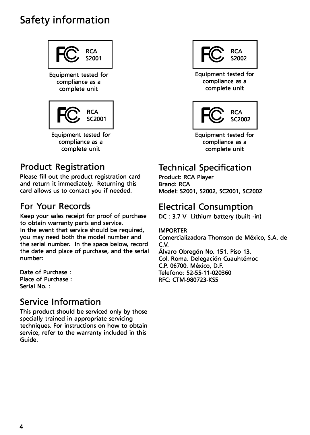RCA SC2002 Product Registration, Technical Specification, For Your Records, Service Information, Electrical Consumption 