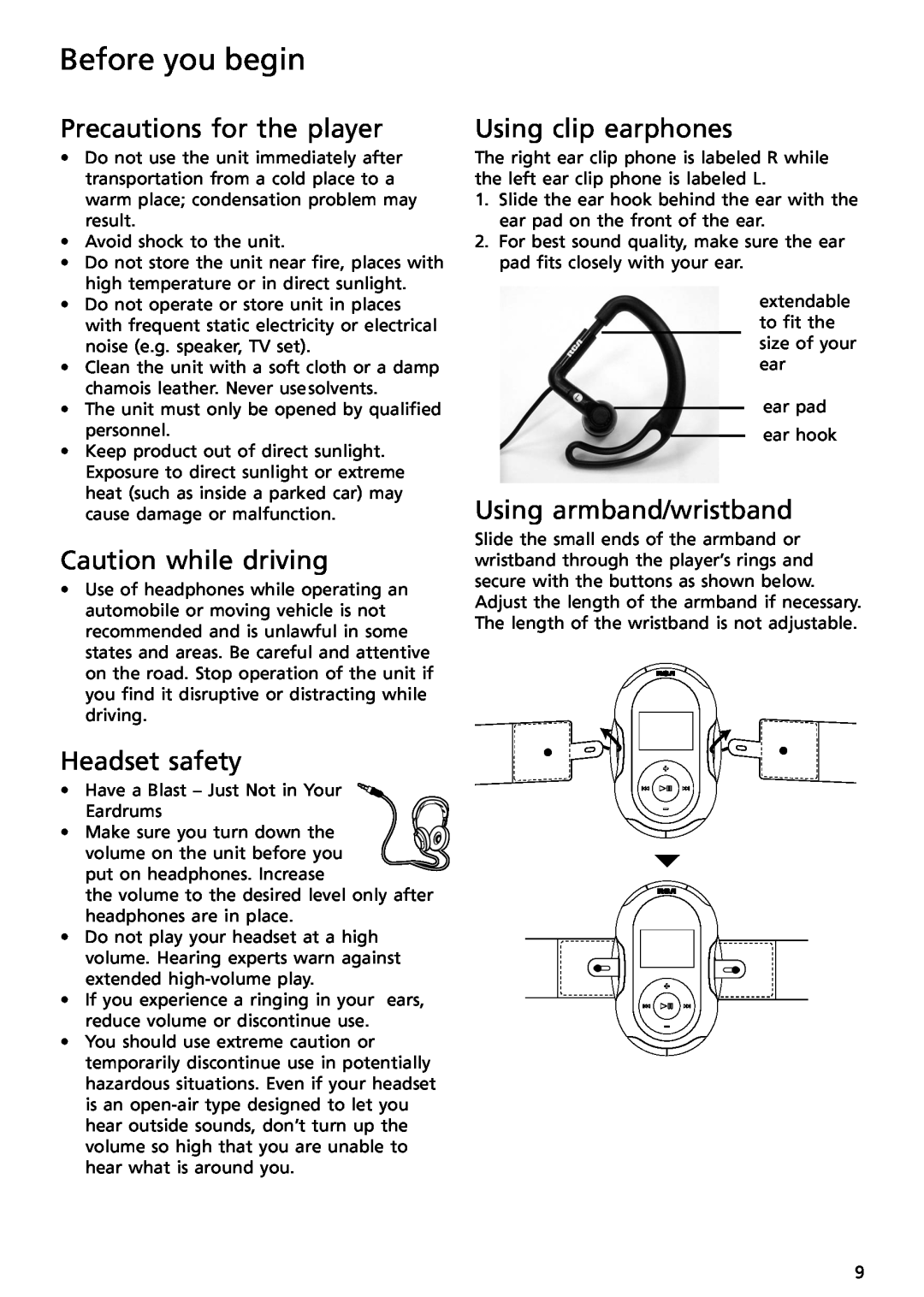 RCA SC2001 Precautions for the player, Caution while driving, Headset safety, Using clip earphones, Before you begin 