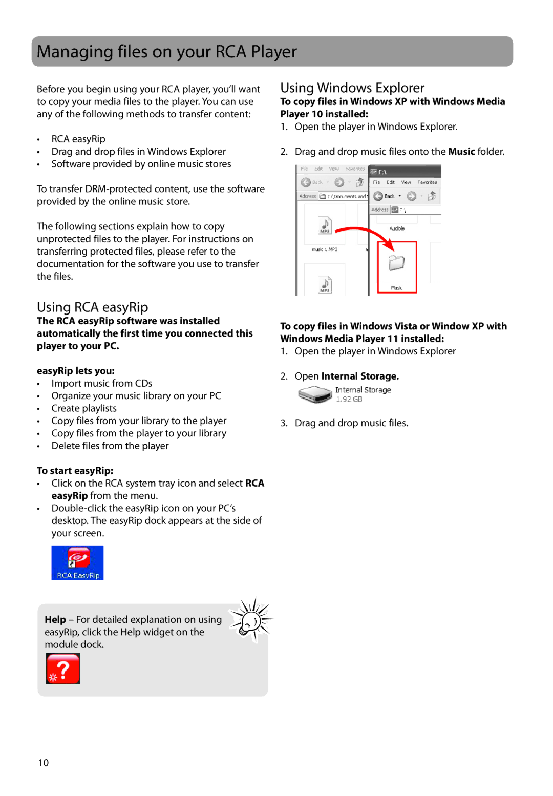 RCA SC2102, SC2104, S2104 Managing files on your RCA Player, Using RCA easyRip, Using Windows Explorer, To start easyRip 