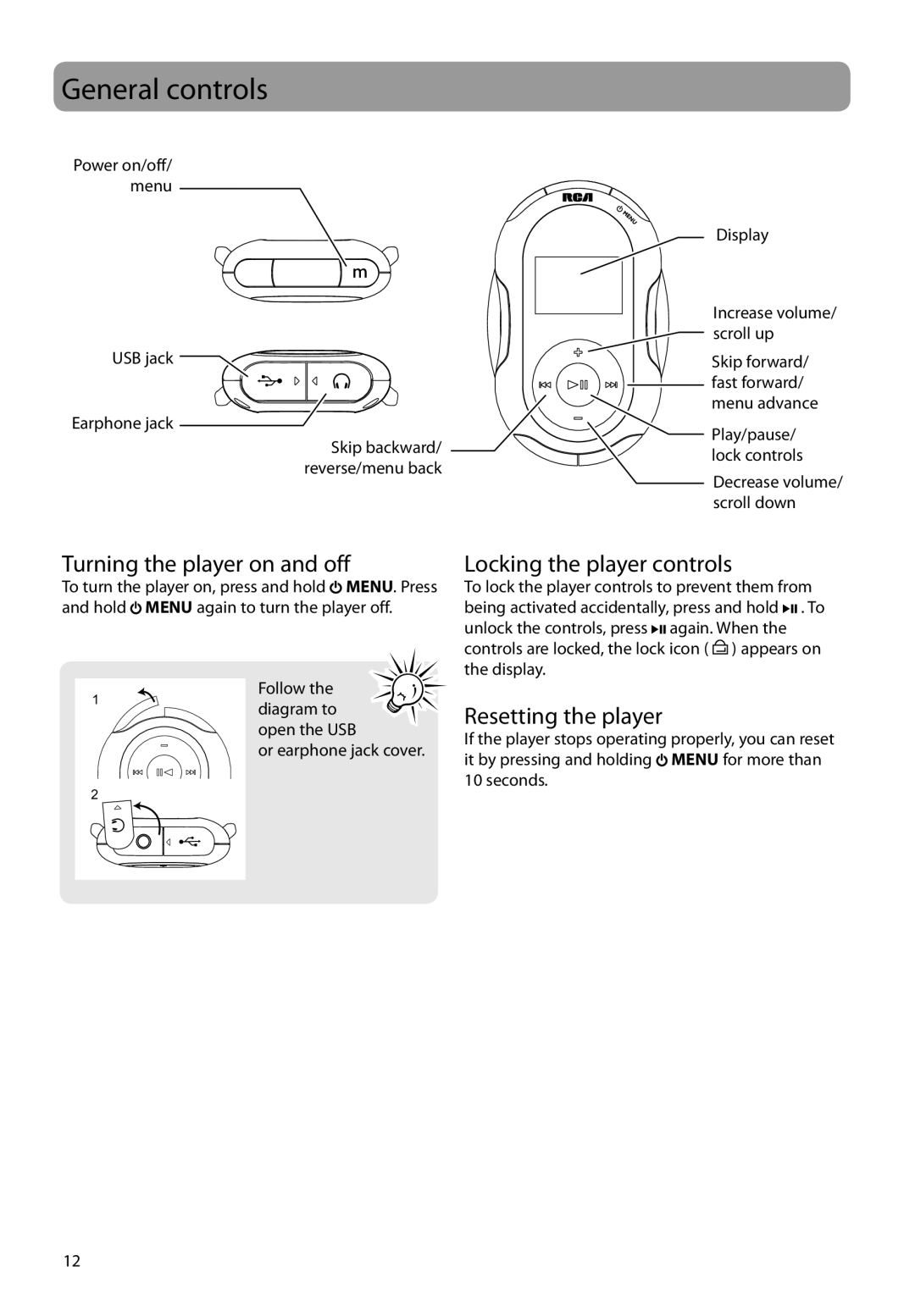 RCA SC2104, S2104, S2102 General controls, Turning the player on and off, Locking the player controls, Resetting the player 