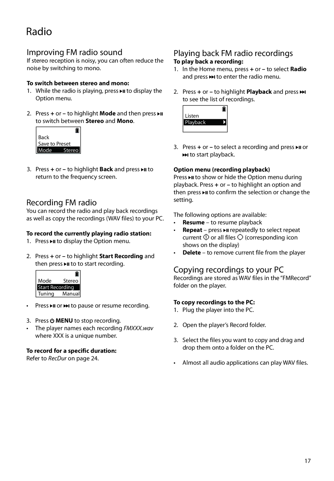 RCA S2104 Improving FM radio sound, Recording FM radio, Playing back FM radio recordings, Copying recordings to your PC 