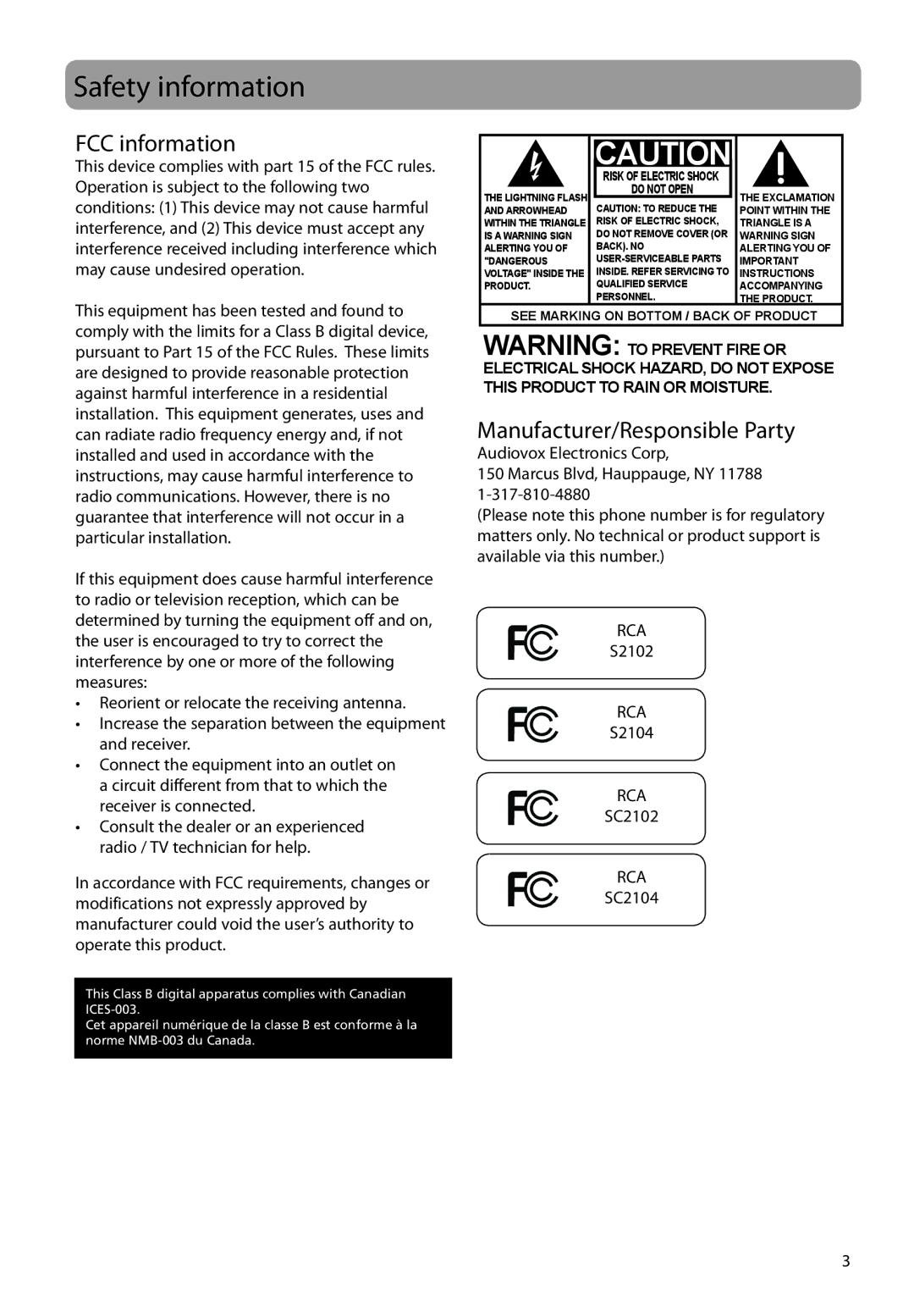 RCA S2102, SC2104, S2104, SC2102 user manual Safety information, FCC information, Manufacturer/Responsible Party 