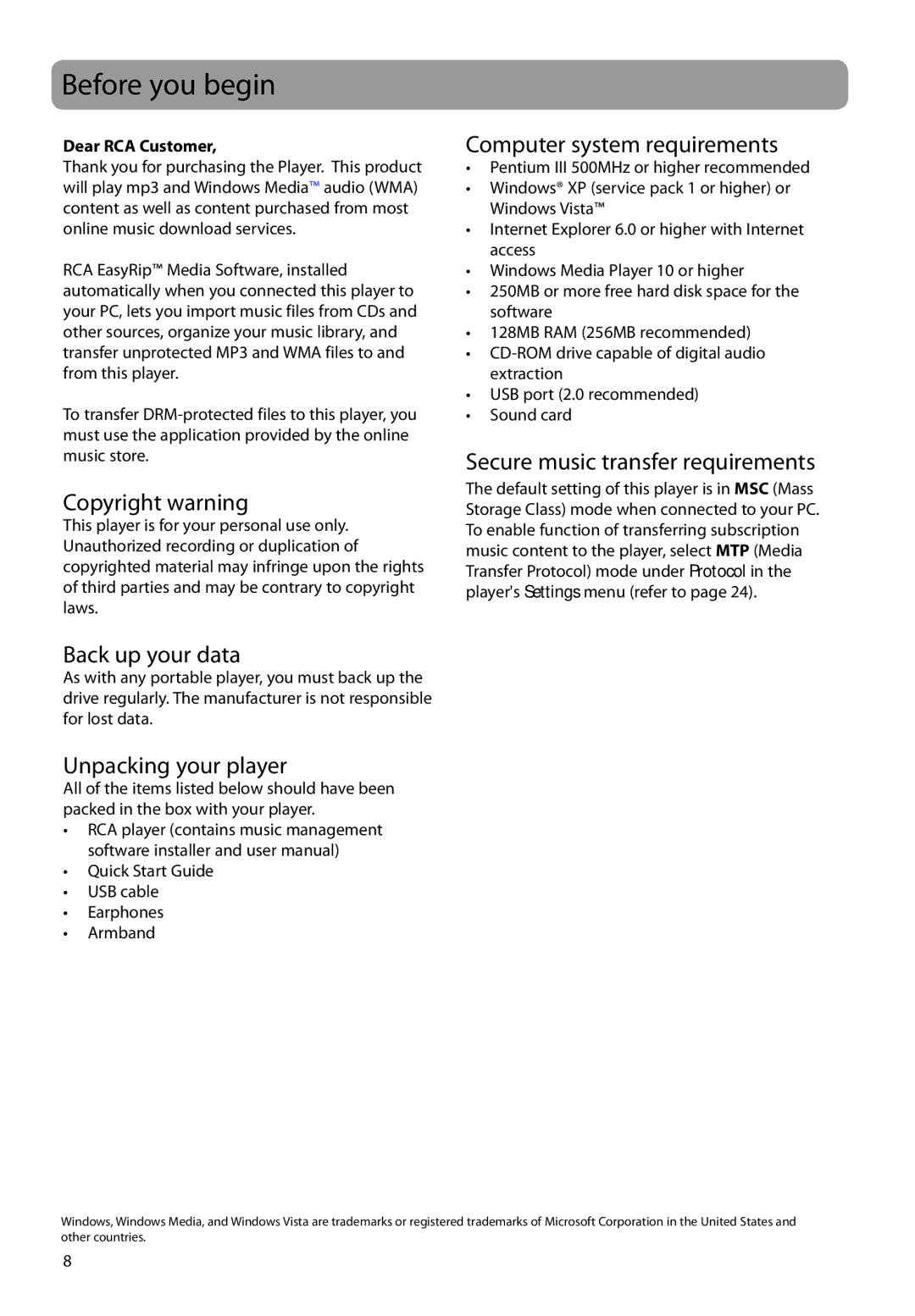 RCA SC2104, S2104, SC2102, S2102 user manual Before you begin 