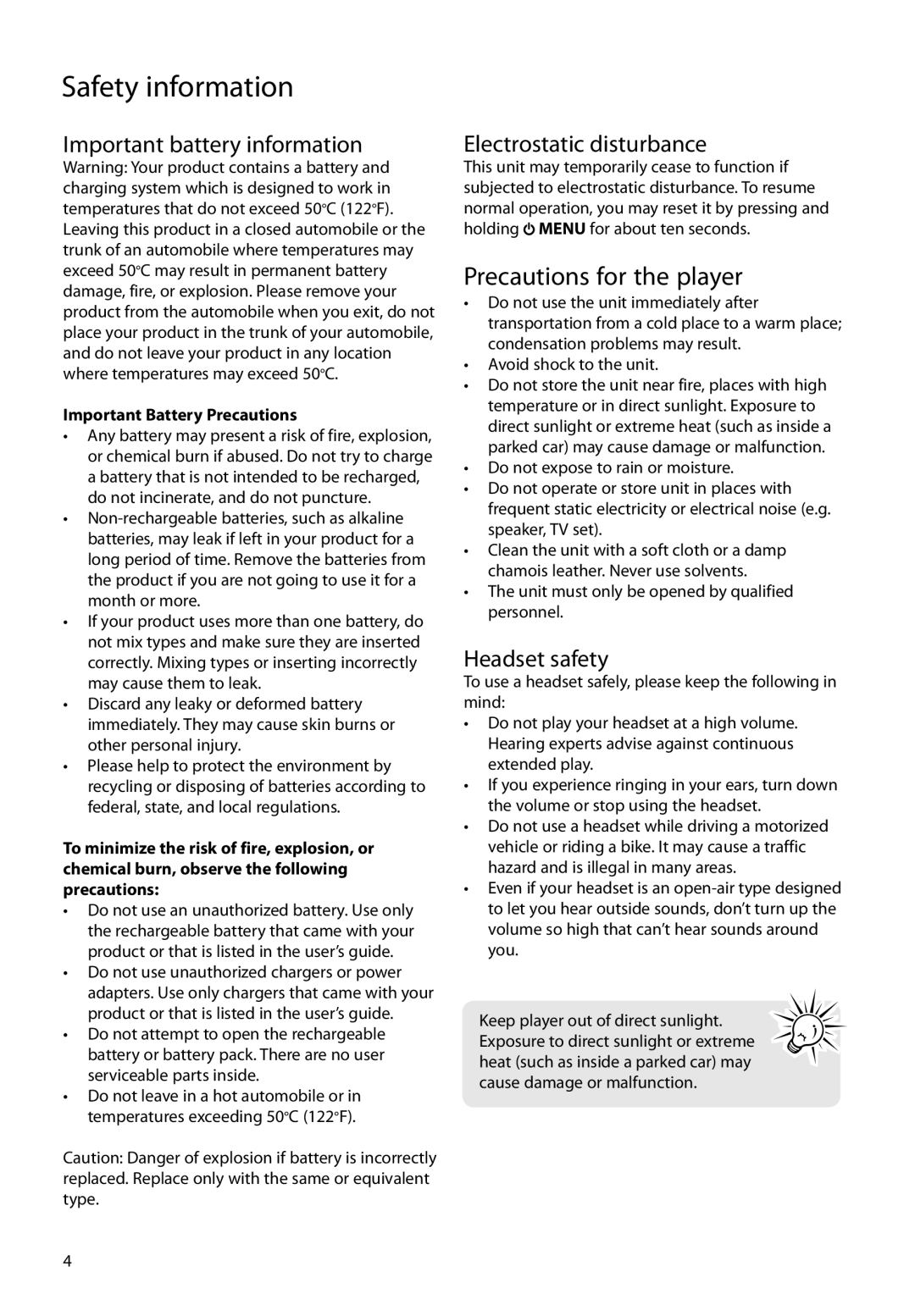 RCA S2104, SC2104 Important battery information, Electrostatic disturbance, Headset safety, Important Battery Precautions 