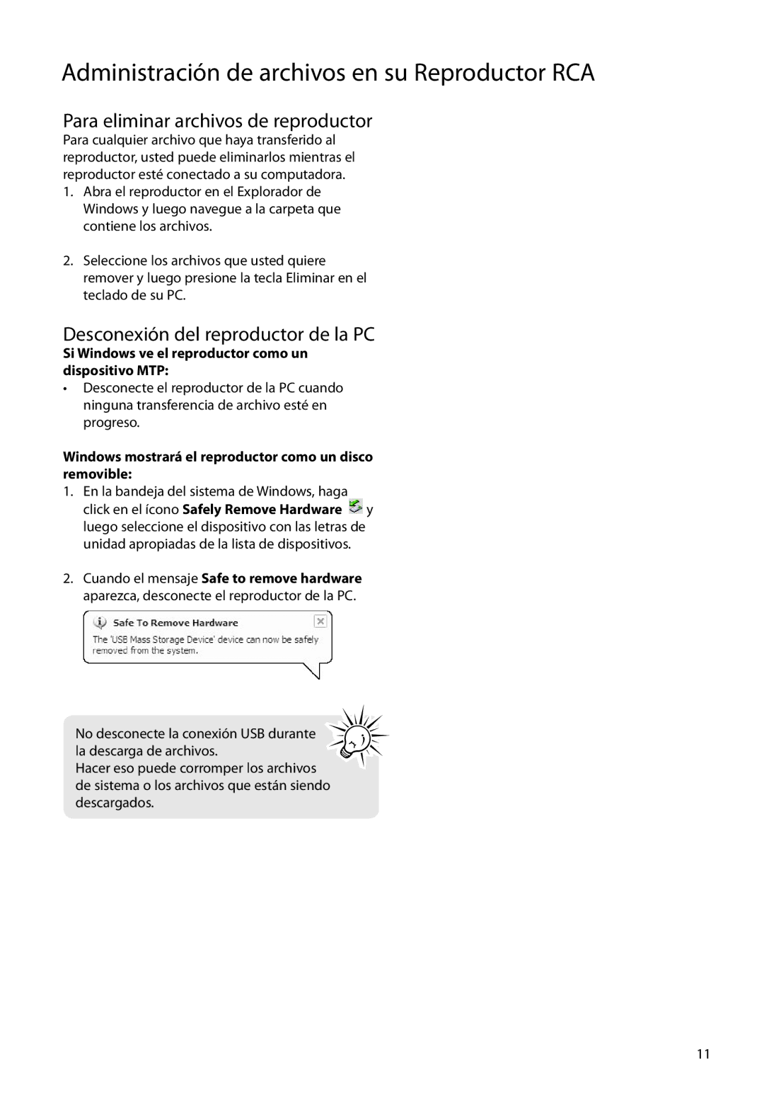 RCA S2104, SC2104, SC2102 user manual Para eliminar archivos de reproductor, Desconexión del reproductor de la PC 