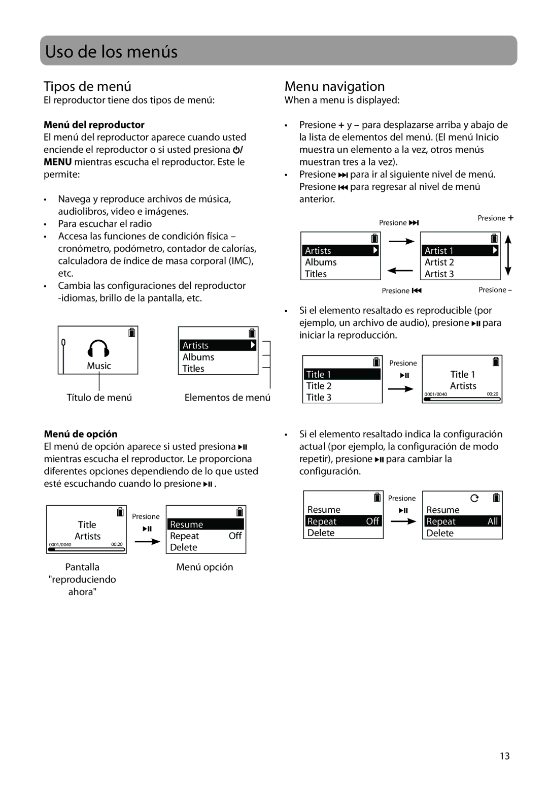 RCA SC2104, S2104, SC2102 user manual Uso de los menús, Tipos de menú, Menú del reproductor, Menú de opción 