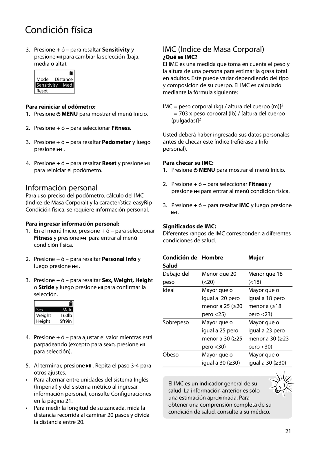 RCA SC2102, SC2104, S2104 user manual Información personal, IMC Indice de Masa Corporal 