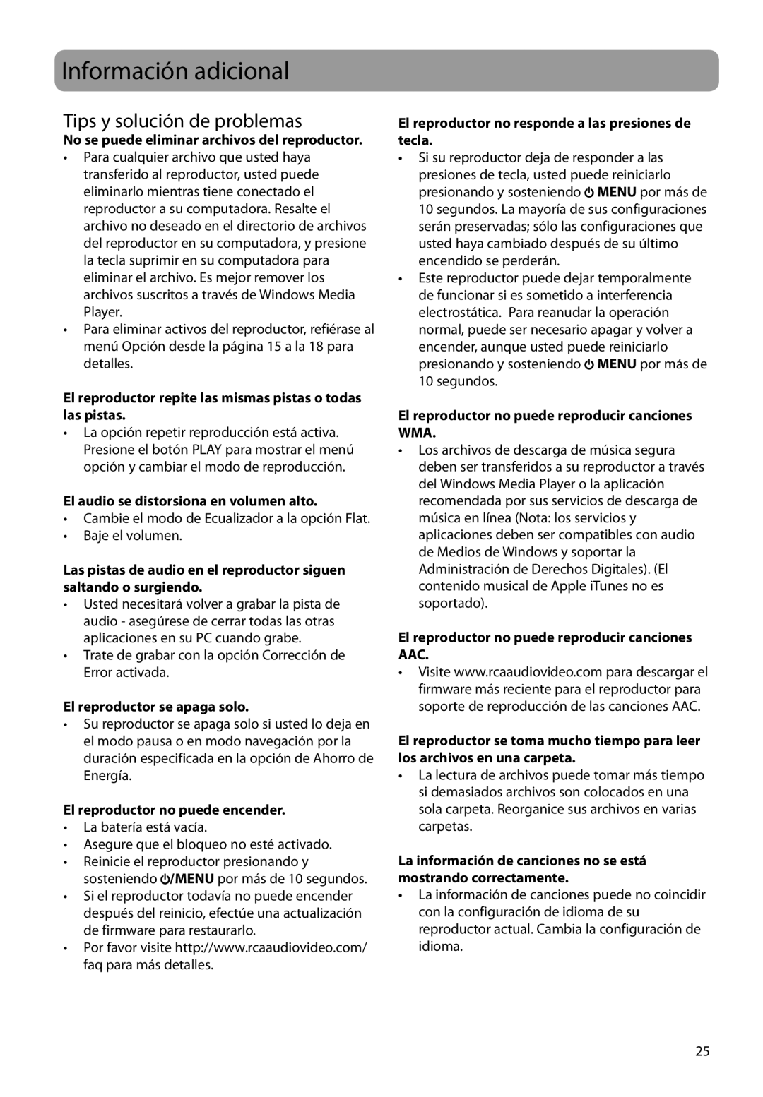 RCA SC2104, S2104, SC2102 user manual Información adicional, Tips y solución de problemas 