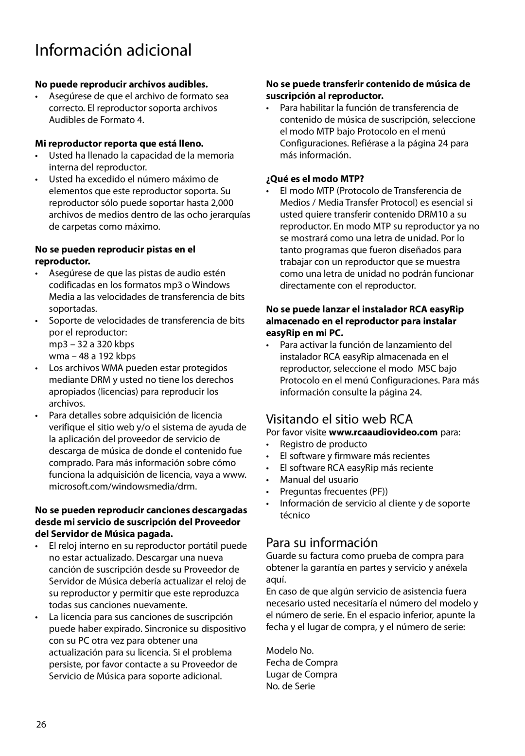 RCA S2104, SC2104, SC2102 user manual Visitando el sitio web RCA, Para su información 