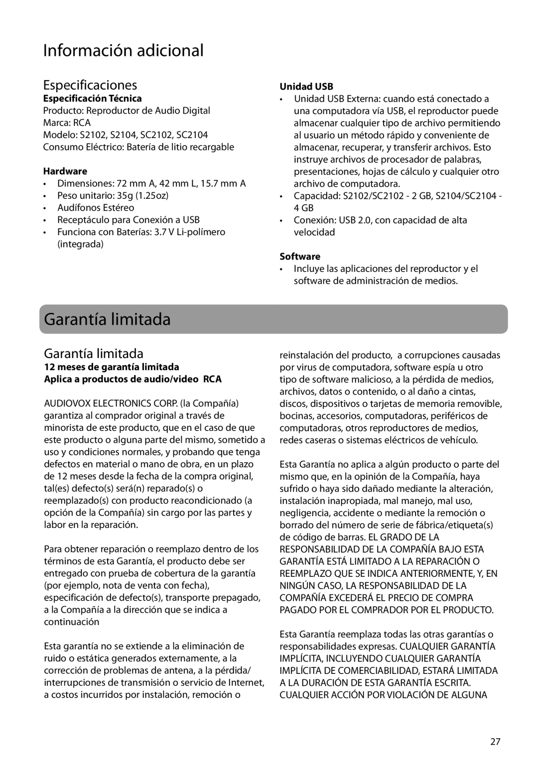 RCA SC2102, SC2104, S2104 user manual Garantía limitada, Especificaciones, Unidad USB, Especificación Técnica 