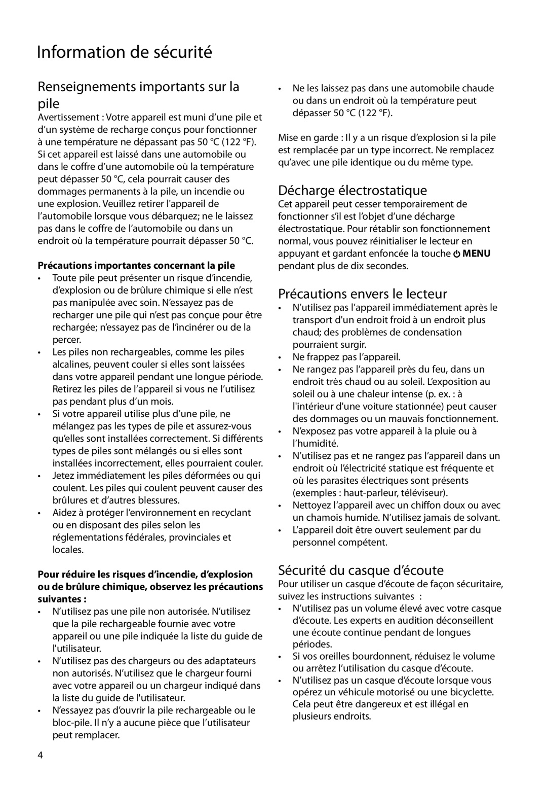 RCA SC2102, SC2104, S2104 Renseignements importants sur la pile, Décharge électrostatique, Précautions envers le lecteur 