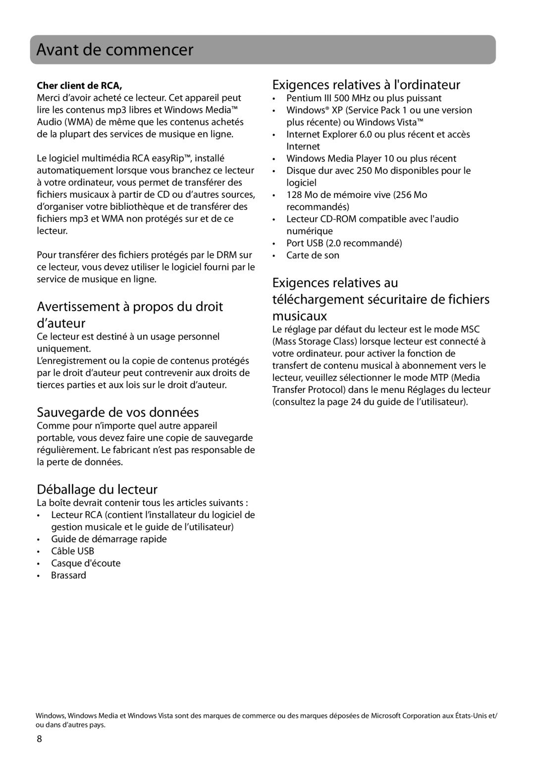 RCA SC2104 Avant de commencer, Avertissement à propos du droit d’auteur, Sauvegarde de vos données, Déballage du lecteur 