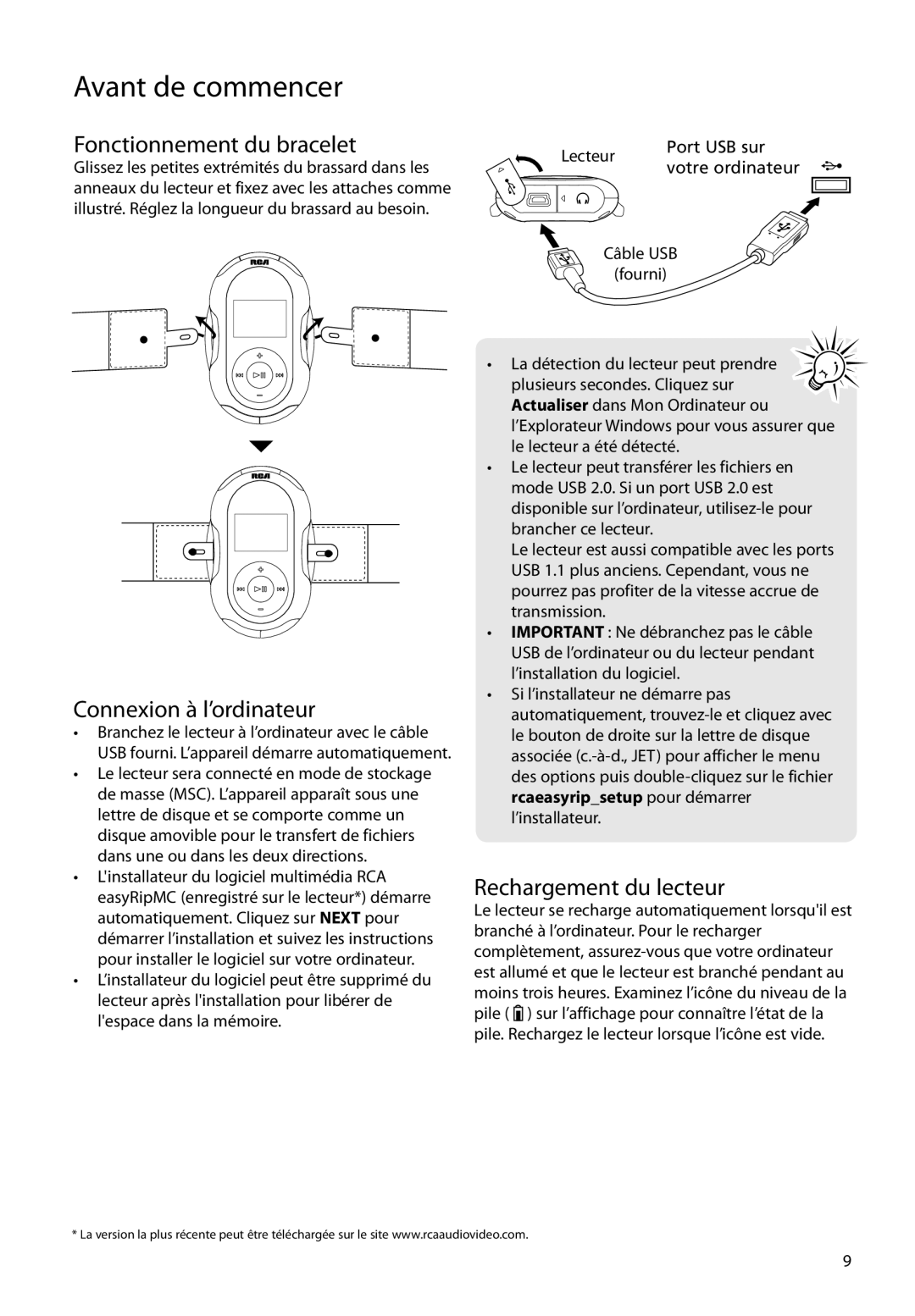 RCA S2104, SC2104, SC2102 user manual Fonctionnement du bracelet, Connexion à l’ordinateur, Rechargement du lecteur 