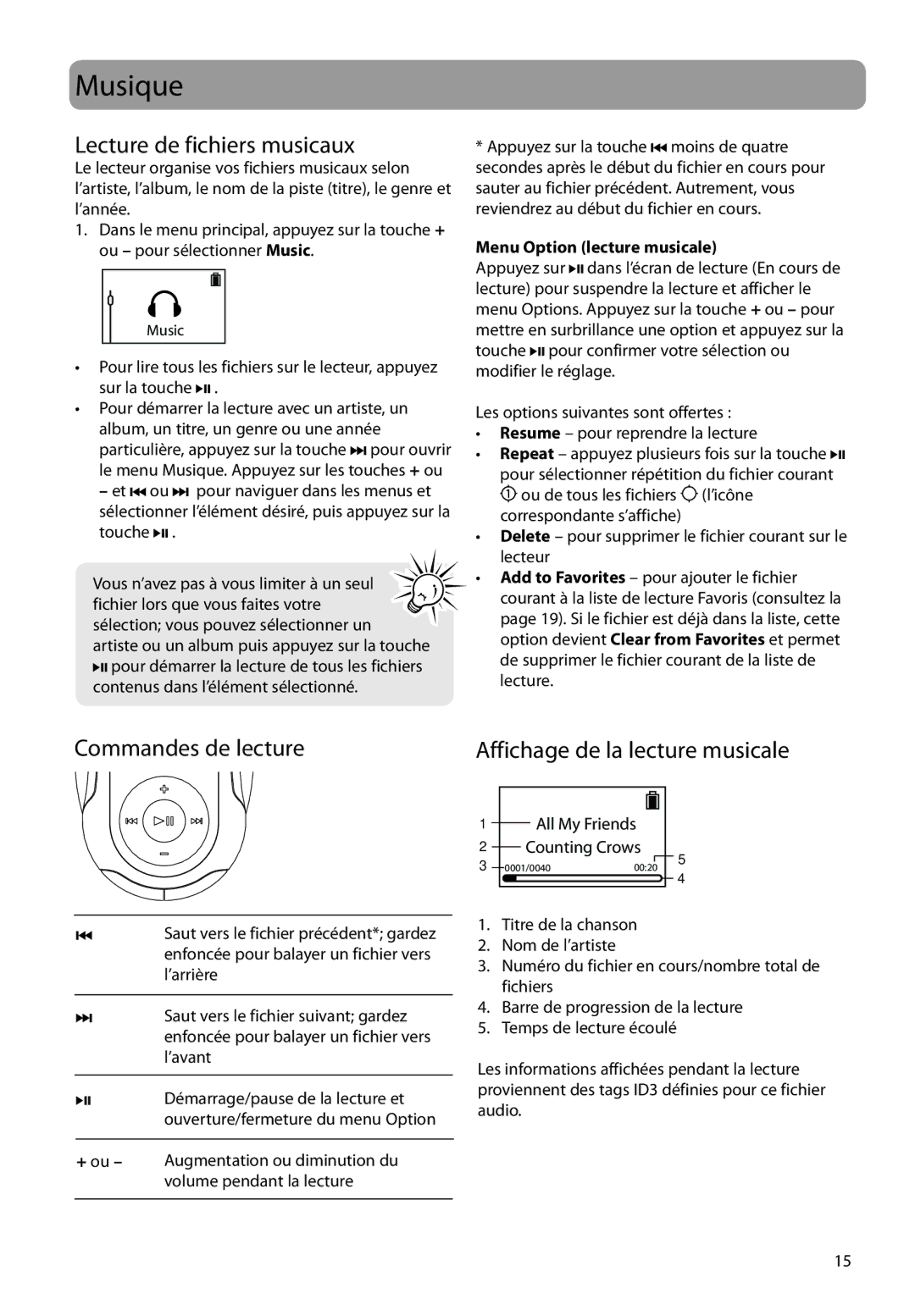 RCA S2104, SC2104, SC2102 Musique, Lecture de fichiers musicaux, Commandes de lecture, Menu Option lecture musicale 