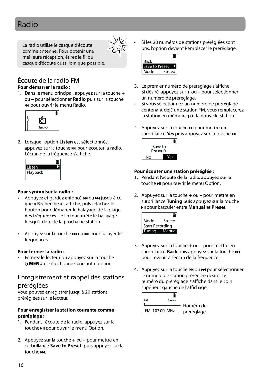 RCA SC2102, SC2104, S2104 user manual Écoute de la radio FM, Enregistrement et rappel des stations préréglées 