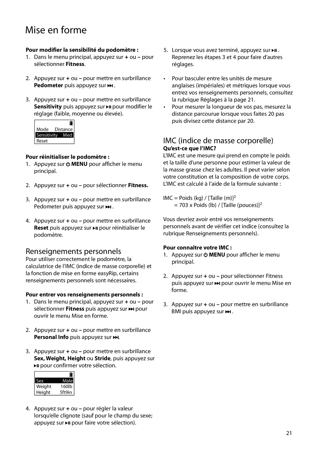 RCA S2104, SC2104, SC2102 user manual Renseignements personnels, IMC indice de masse corporelle 