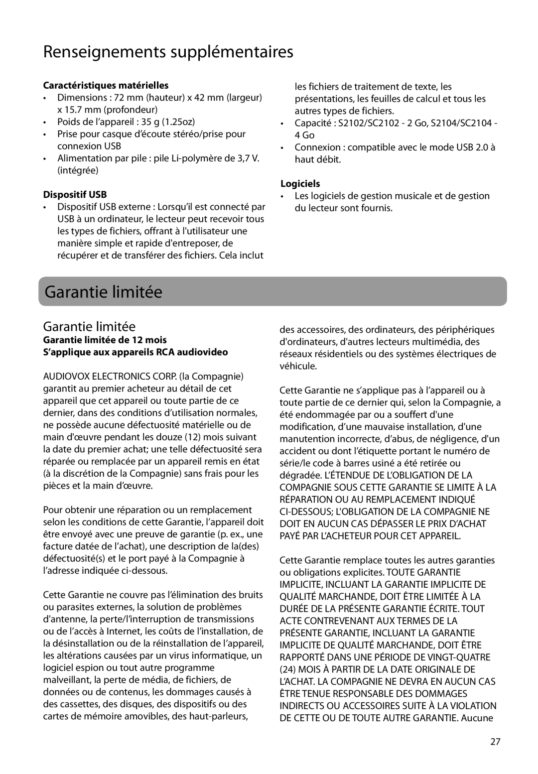 RCA S2104, SC2104, SC2102 user manual Garantie limitée, Caractéristiques matérielles, Dispositif USB, Logiciels 