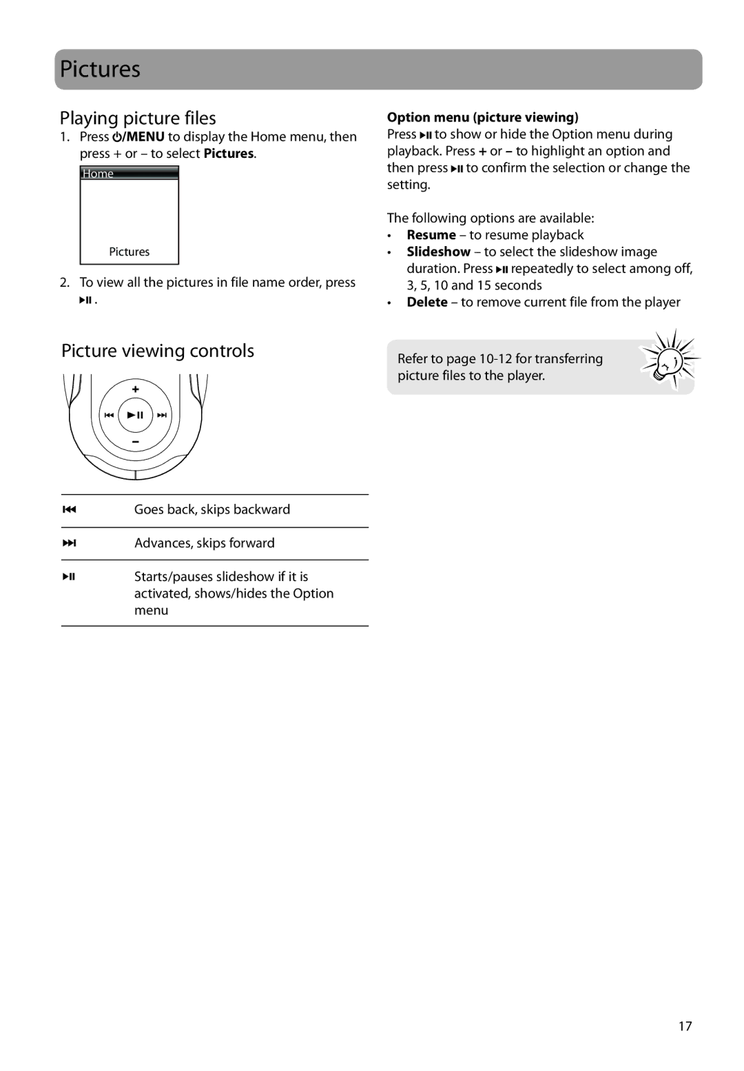 RCA S2204, SC2204, SC2202 user manual Pictures, Playing picture files, Picture viewing controls, Option menu picture viewing 