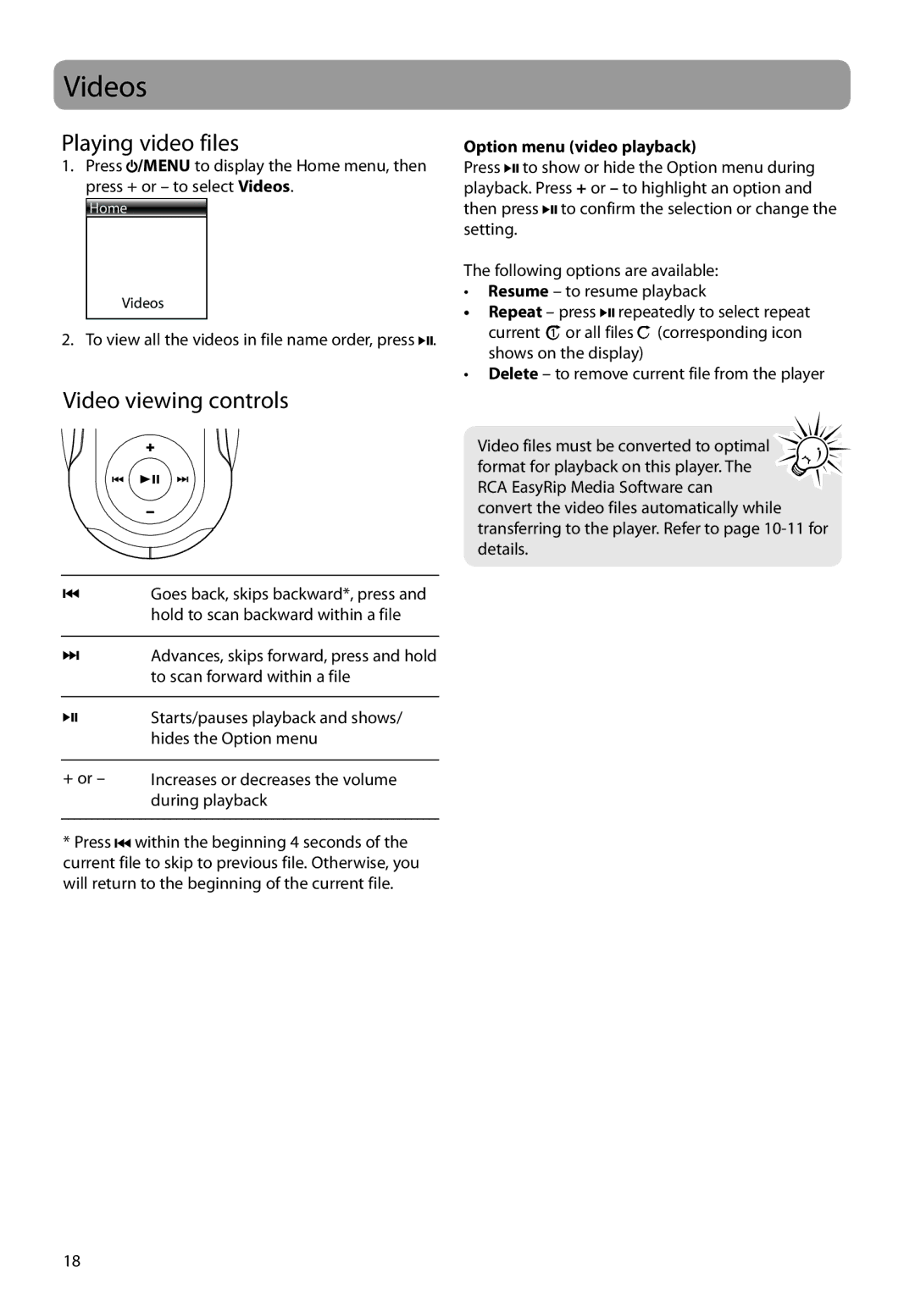 RCA SC2204, SC2202, S2204 user manual Videos, Playing video files, Video viewing controls, Option menu video playback 